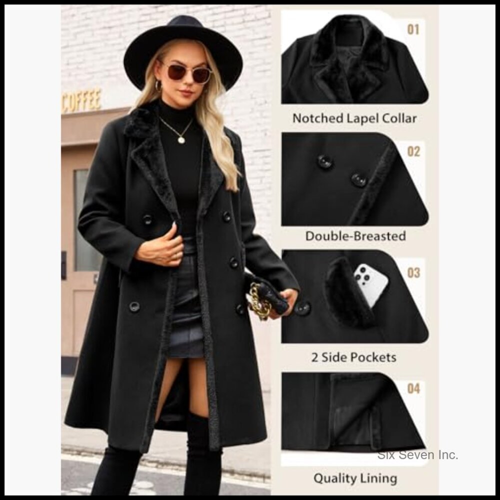 Double Breasted Pea Coat with Faux Fur Collar, Mid-Calf Length, Polyester - Picture 2 of 7